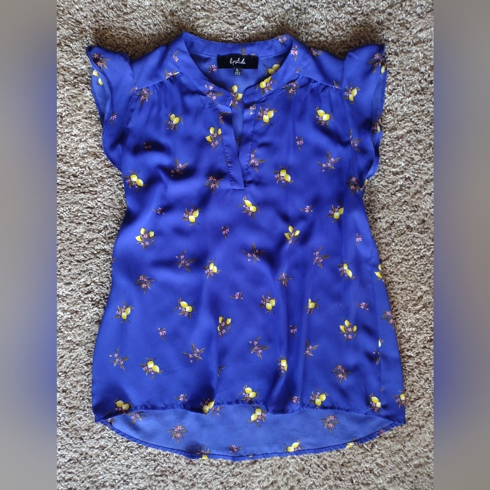 Lipslide V-neck Blue Lemon Floral Print Blouse Size Large